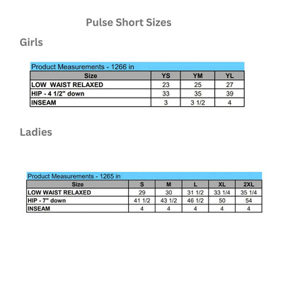 Girls and ladies size chart for the Pulse Running Shorts by Augusta