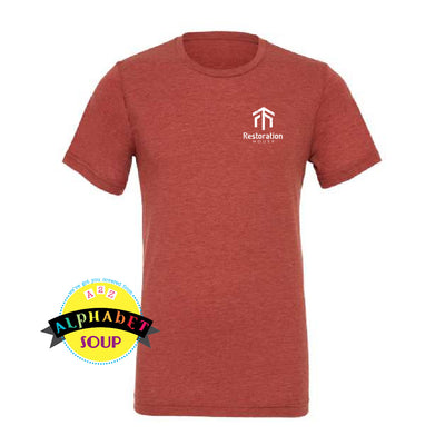 Bella Canvas short sleeve tee with the Restoration House STL logo on the left chest