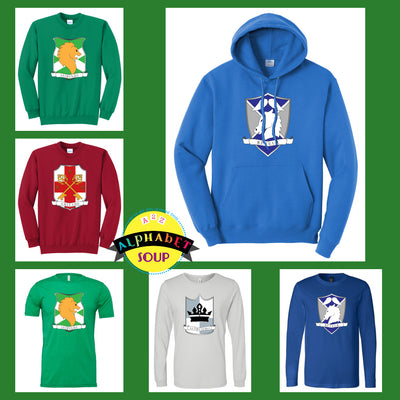 Peine Ridge Elementary house logos on tees and sweatshirts collage