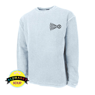 Modulation Z logo on light blue camden crew sweatshirt
