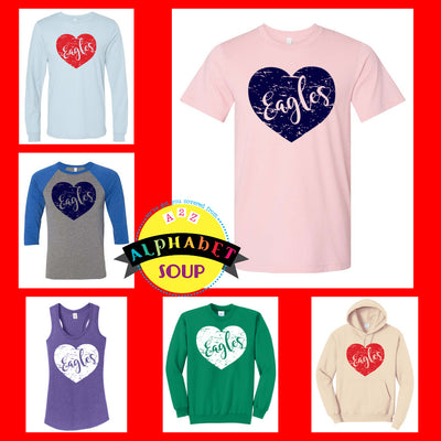 Liberty High School distressed heart eagles Design on tees and sweatshirts
