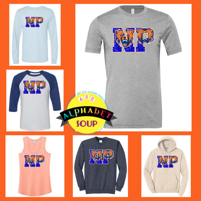 Collage of shirt style choices with distressed NP Grizzly design.