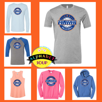 Collection of clothing items with 'East Central Missouri Volleyball' logo