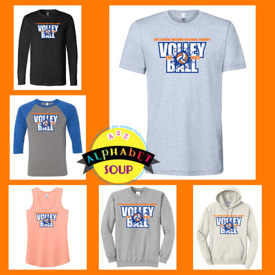 Collection of volleyball-themed clothing items with 'Alphabet Soup' logo