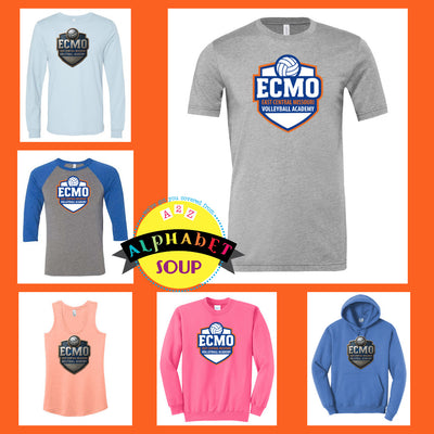 Collection of clothing items with ECMO logo.