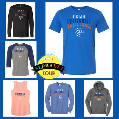 Collage of various clothing items with 'ECMO Volleyball' text and volleyball graphic