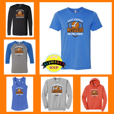 East Central Volleyball ECMVA crest on tees and sweatshirts collage