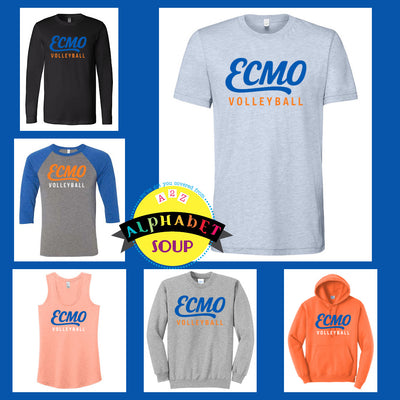 Collage of various clothing items with 'ECMO Volleyball' swish design