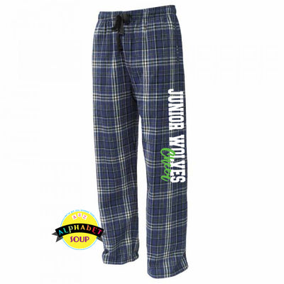 Pennant Flannel Pants with Junior Wolves Cheer down the leg.
