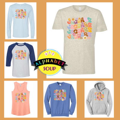 Journey elementary Floral Jaguars design on tees and sweatshirt collage.