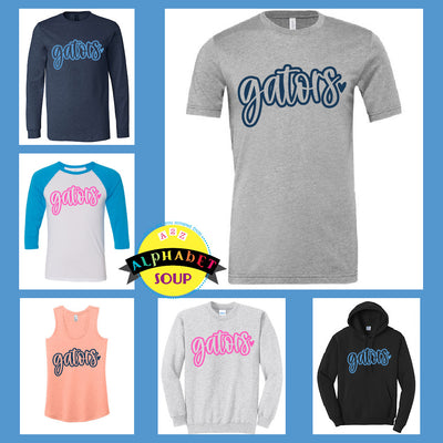 Gators Baseball - Gators Script Knockout design on a tee and sweatshirt collage.
