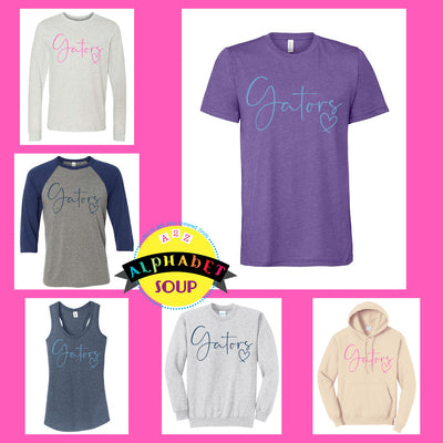 Gators Baseball - Gators with heart design on a tee and sweatshirt collage.