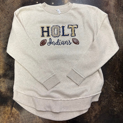 Holt Indians Football Applique design on the weekend crewneck sweatshirt.