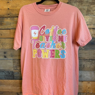 Orange t-shirt with colorful text design