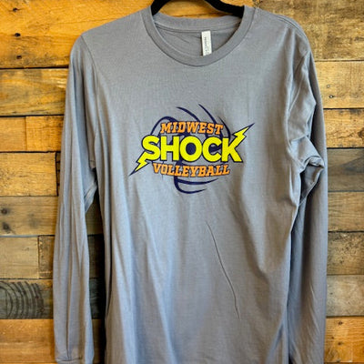 Gray top with 'Midwest Shock' logo on a wooden surface