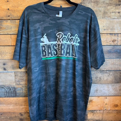 Camo  t-shirt with 'Rebels Baseball' text on a wooden surface