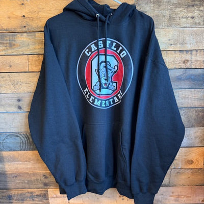 Black hoodie with a logo on a wooden surface