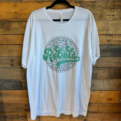 White t-shirt with green logo on a wooden surface
