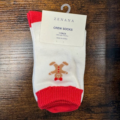 Zenana crew socks with a gingerbread man design on a wooden surface