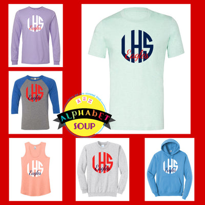 Liberty High School LHS circle mono Design on tees and sweatshirts