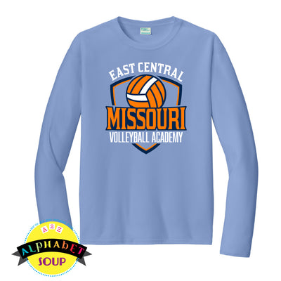 Light blue long-sleeve shirt with 'East Central Missouri Volleyball Academy' design
