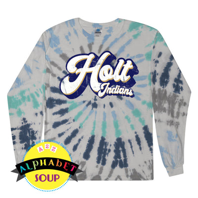 Holt Indians Retro design on tie dye long sleeve tee