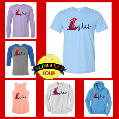 Liberty High School L logo script with eagles Design on tees and sweatshirts