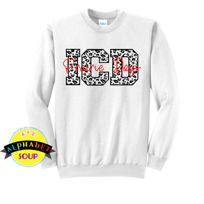 Port and Co crewneck sweatshirt with the ICD leopard print design