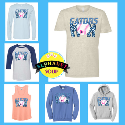 Gators Baseball - Leopard Gators Mom design on a tee and sweatshirt collage.