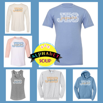 Journey elementary leopard print jes jaguars design on tees and sweatshirt collage.