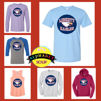 Liberty High School Logo Circle Design on tees and sweatshirts