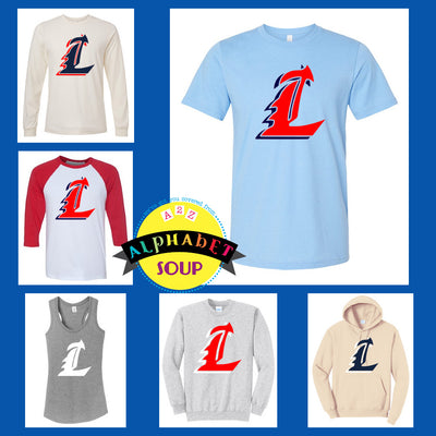 Liberty High School logo L Design on tees and sweatshirts