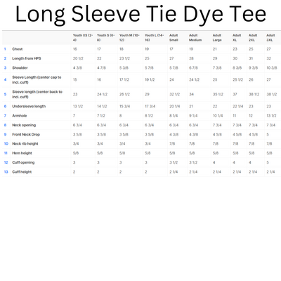 Long Sleeve Tie Dye Tee Size Chart
