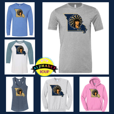 Holt football MO Holt Indian design on the tees and sweatshirt collage.
