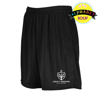 Legacy Creators Academy logo on black mesh shorts