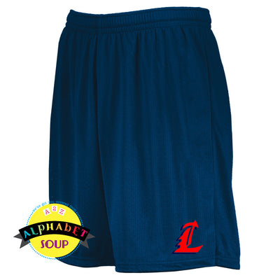 Liberty High School L logo on navy mesh shorts