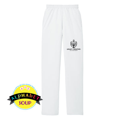 Legacy Creators Academy logo on white open cuff sweatpants
