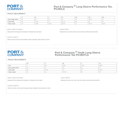 Port and Co Long Sleeve Performance Tee Size Chart for Youth and Adult