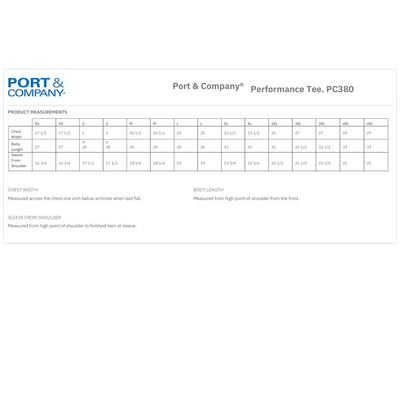 Port and Company Performance Tee Size Chart