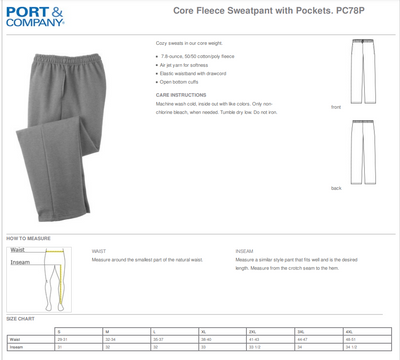 Port & Co open bottom Sweatpants size chart