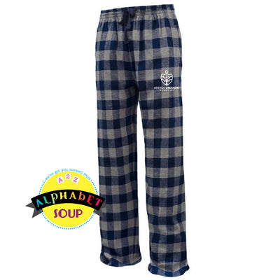 Legacy Creators Academy logo on navy and gray flannel pants