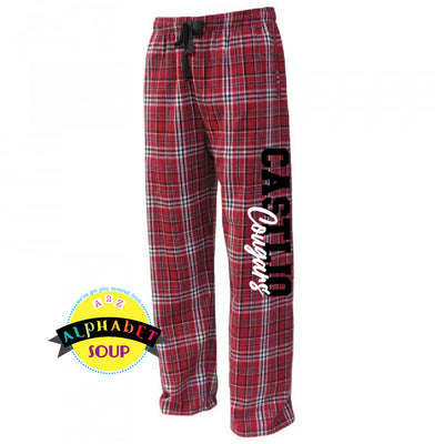 Pennant Flannel Pants Youth and Adult with Castlio Cougars down the leg.