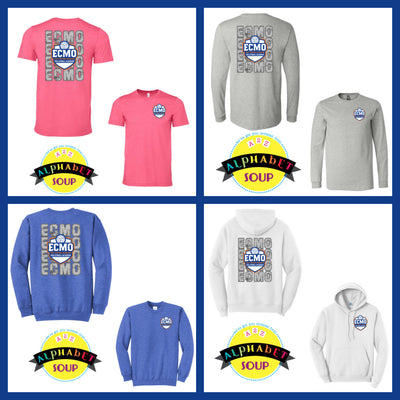 Collection of shirts and hoodies with ECMO logos