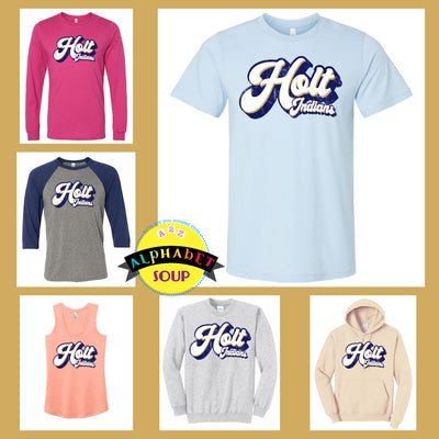 Retro Distressed Holt Indians Football design on tees and sweatshirts
