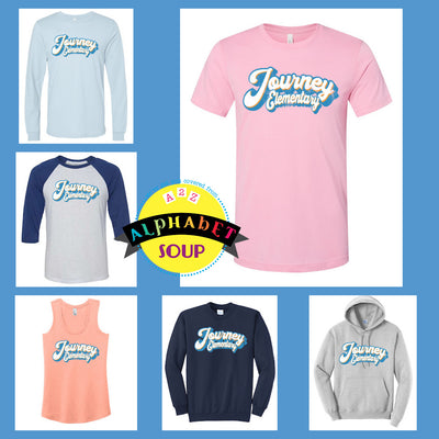 Journey elementary retro distressed design on tees and sweatshirt collage.