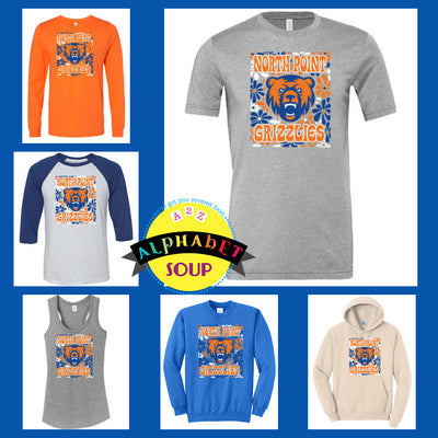 Collage of various clothing items with 'North Point Grizzlies Retro Groovy Floral Design' 