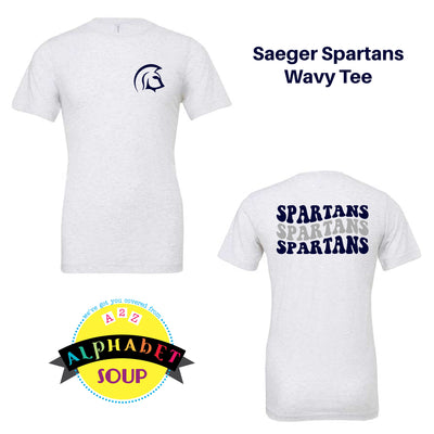 Bell Canvas tee with the Saeger Middle School logo on the chest and the wavy spartans design on the back.