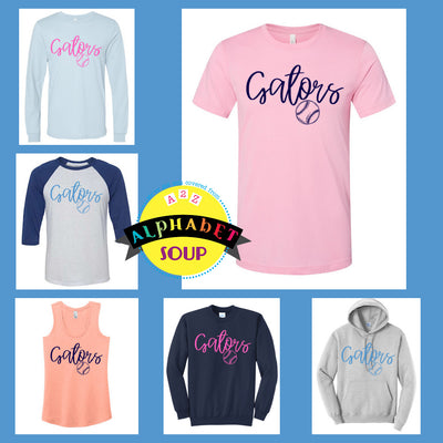 Gators Baseball - Script Gators with Baseball design on a tee and sweatshirt collage.