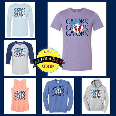 Gators Baseball - Stacked Gators Baseball with Bow design on a tee and sweatshirt collage.