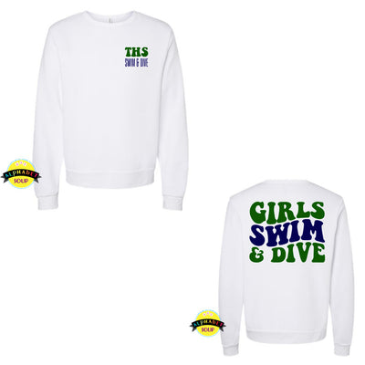 Bella Canvas crewneck sweatshirt with Timberland Girls Swim and Dive Wavy Design